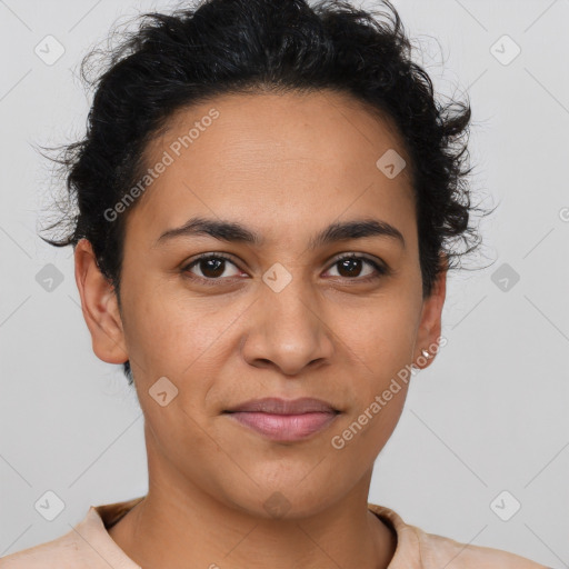 Joyful latino young-adult female with short  brown hair and brown eyes