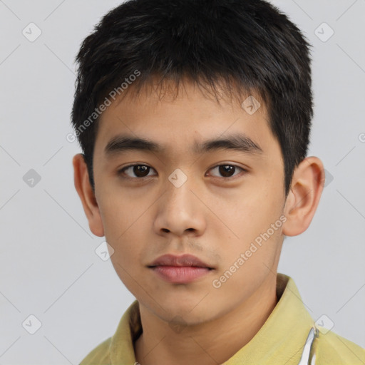 Neutral asian young-adult male with short  brown hair and brown eyes
