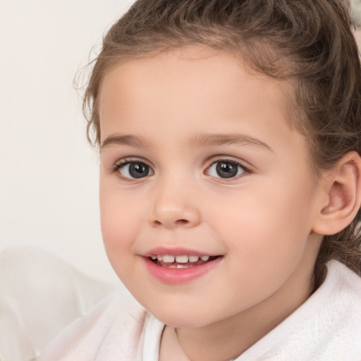 Joyful white child female with medium  brown hair and brown eyes