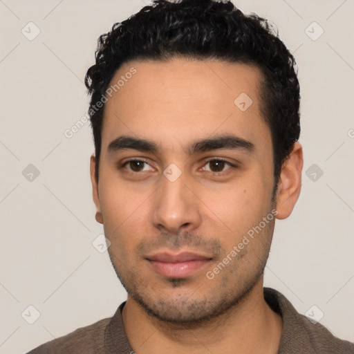 Neutral latino young-adult male with short  black hair and brown eyes