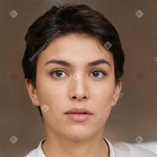 Neutral white young-adult female with short  brown hair and brown eyes