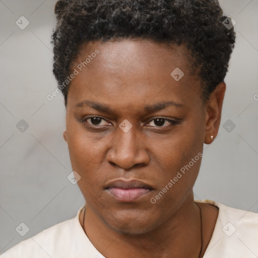 Neutral black young-adult female with short  brown hair and brown eyes