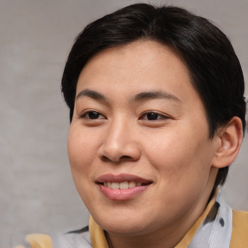 Joyful asian young-adult female with short  brown hair and brown eyes