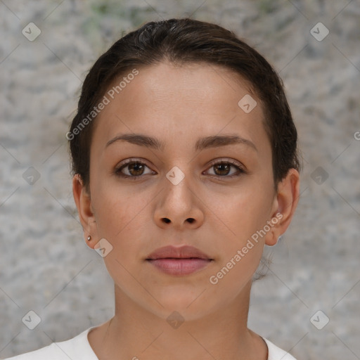 Neutral white young-adult female with short  brown hair and brown eyes