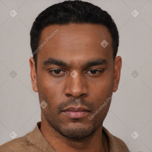 Neutral black young-adult male with short  black hair and brown eyes