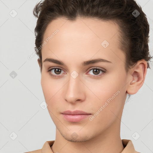 Neutral white young-adult female with short  brown hair and brown eyes