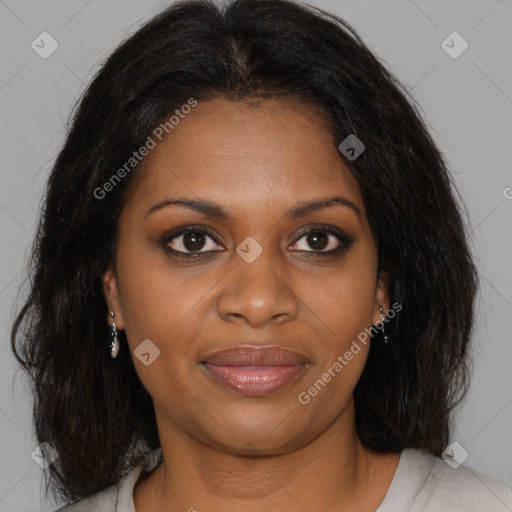 Joyful black young-adult female with medium  brown hair and brown eyes