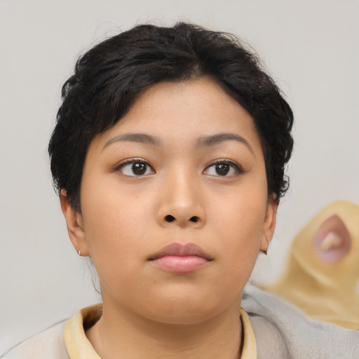 Neutral asian young-adult female with short  brown hair and brown eyes