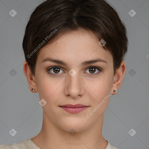 Joyful white young-adult female with short  brown hair and brown eyes