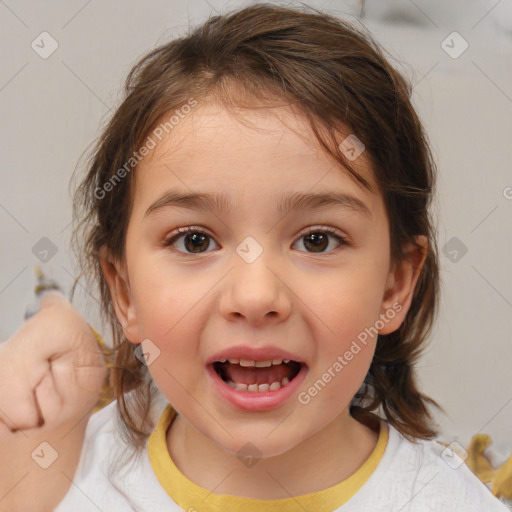 Joyful white child female with medium  brown hair and brown eyes