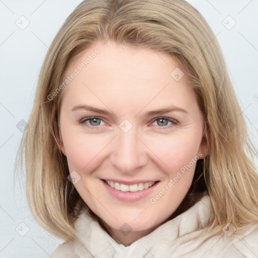 Joyful white young-adult female with medium  brown hair and blue eyes