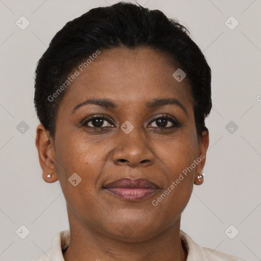 Joyful black adult female with short  brown hair and brown eyes