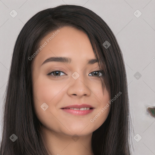 Joyful white young-adult female with long  black hair and brown eyes