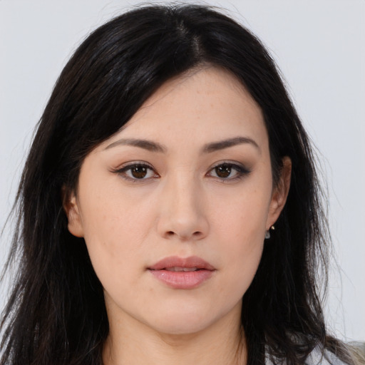 Neutral asian young-adult female with long  black hair and brown eyes