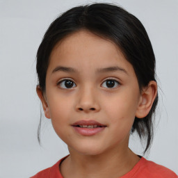 Joyful asian child female with medium  brown hair and brown eyes