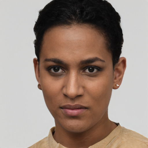 Neutral latino young-adult female with short  black hair and brown eyes