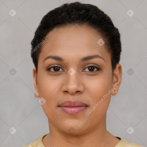 Joyful latino young-adult female with short  brown hair and brown eyes