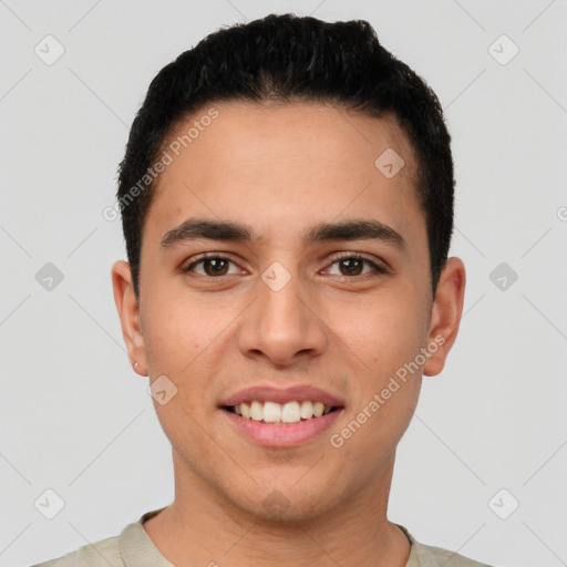 Joyful white young-adult male with short  black hair and brown eyes