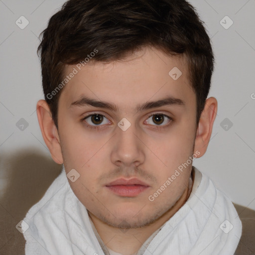 Neutral white young-adult male with short  brown hair and brown eyes