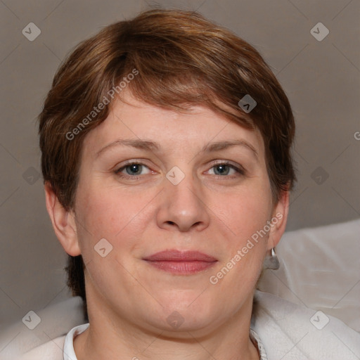 Joyful white adult female with medium  brown hair and grey eyes