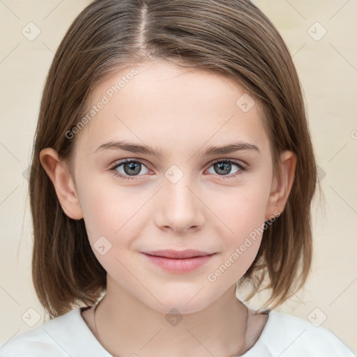 Joyful white child female with medium  brown hair and brown eyes