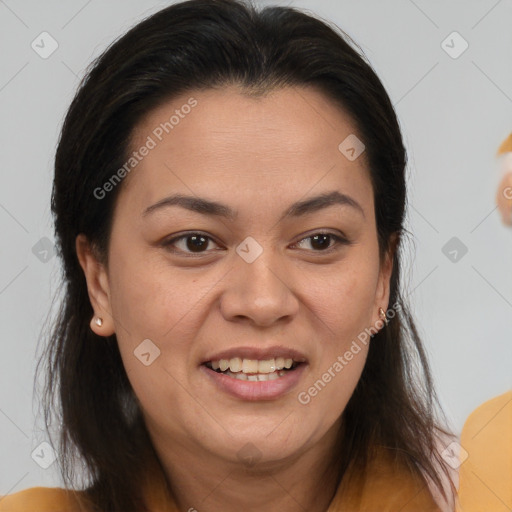 Joyful white young-adult female with medium  brown hair and brown eyes