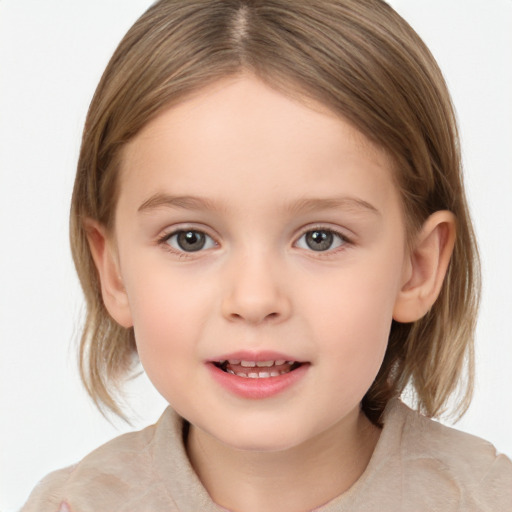 Joyful white child female with medium  brown hair and grey eyes