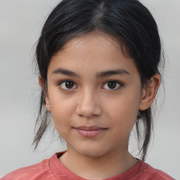 Joyful asian child female with medium  brown hair and brown eyes