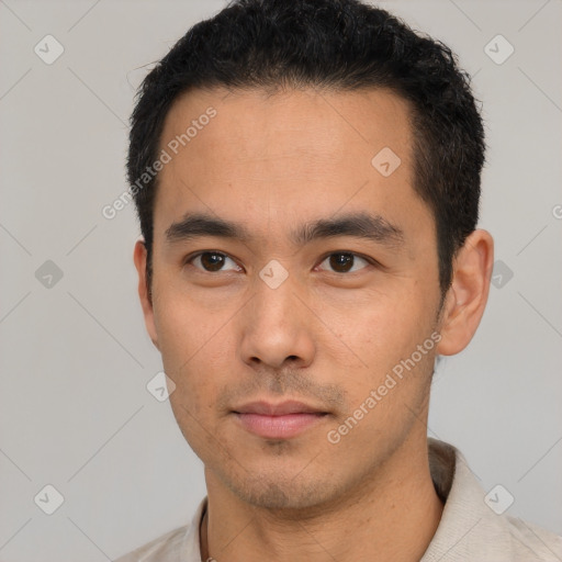 Neutral latino young-adult male with short  black hair and brown eyes