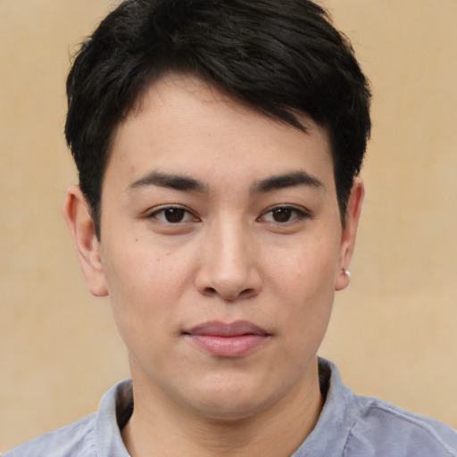 Joyful asian young-adult male with short  black hair and brown eyes