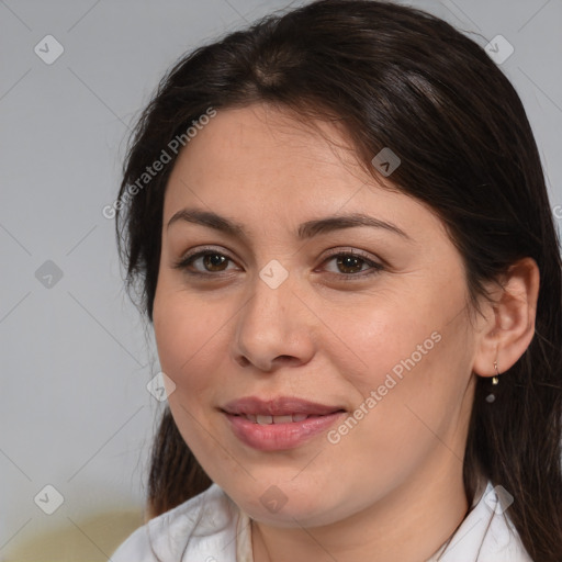 Joyful white young-adult female with medium  brown hair and brown eyes