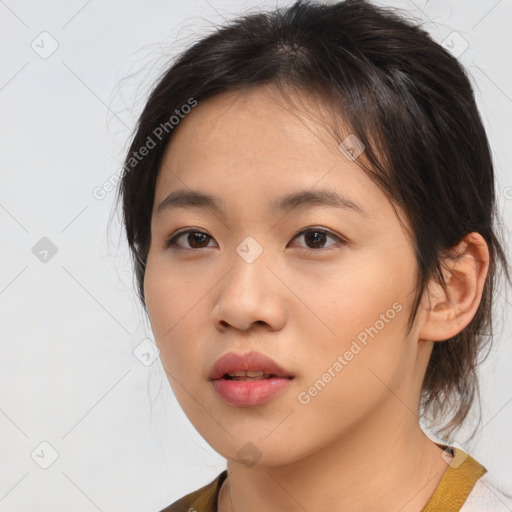 Neutral asian young-adult female with medium  brown hair and brown eyes