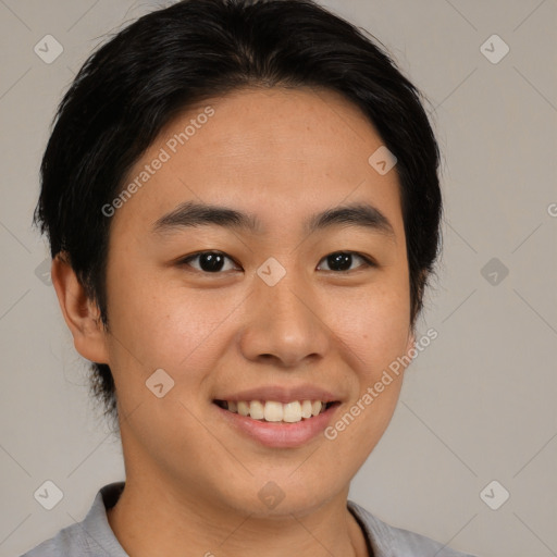 Joyful asian young-adult female with medium  black hair and brown eyes