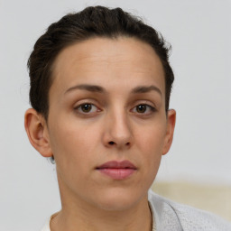 Neutral white young-adult female with short  brown hair and brown eyes