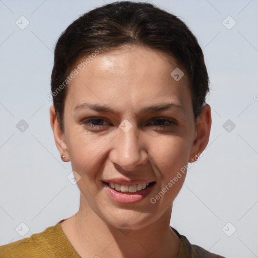 Joyful white young-adult female with short  brown hair and brown eyes