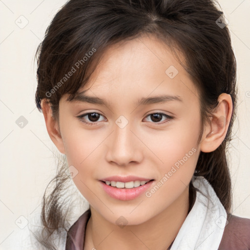 Joyful white child female with medium  brown hair and brown eyes