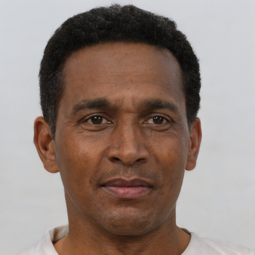 Neutral black adult male with short  brown hair and brown eyes