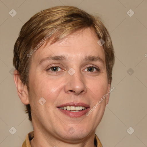 Joyful white adult male with short  brown hair and brown eyes