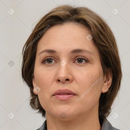 Neutral white adult female with medium  brown hair and brown eyes