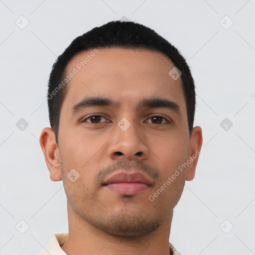 Neutral latino young-adult male with short  black hair and brown eyes