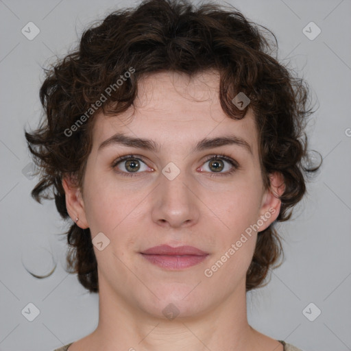 Joyful white young-adult female with medium  brown hair and green eyes