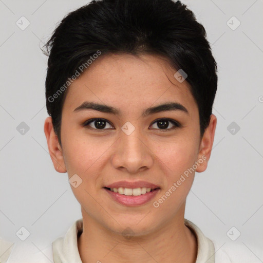 Joyful asian young-adult female with short  brown hair and brown eyes