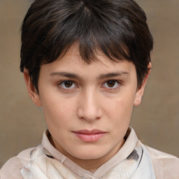 Neutral white young-adult female with short  brown hair and brown eyes