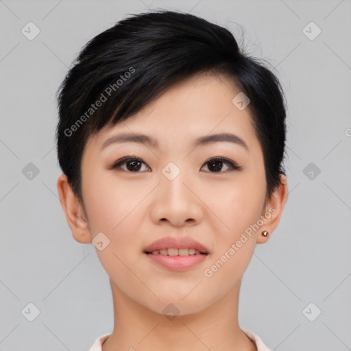 Joyful asian young-adult female with short  black hair and brown eyes