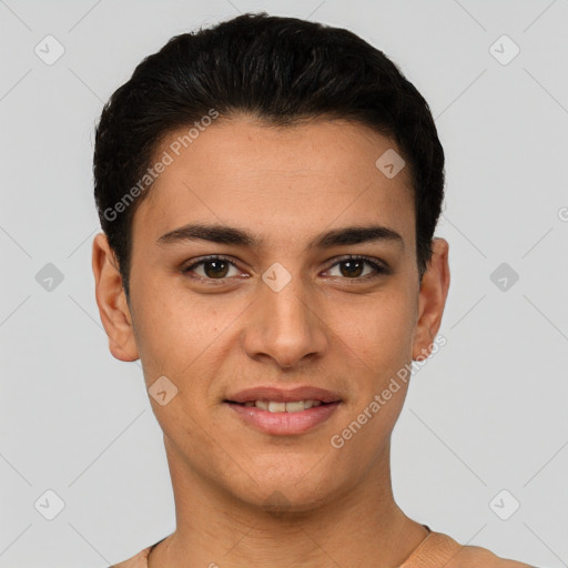 Joyful white young-adult male with short  brown hair and brown eyes