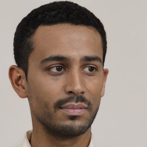 Neutral black young-adult male with short  black hair and brown eyes