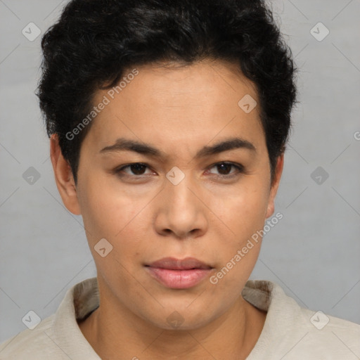 Neutral asian young-adult female with short  brown hair and brown eyes