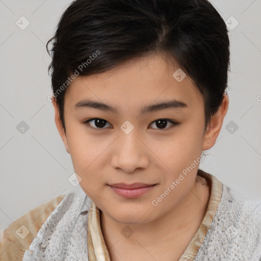 Joyful white child female with medium  brown hair and brown eyes