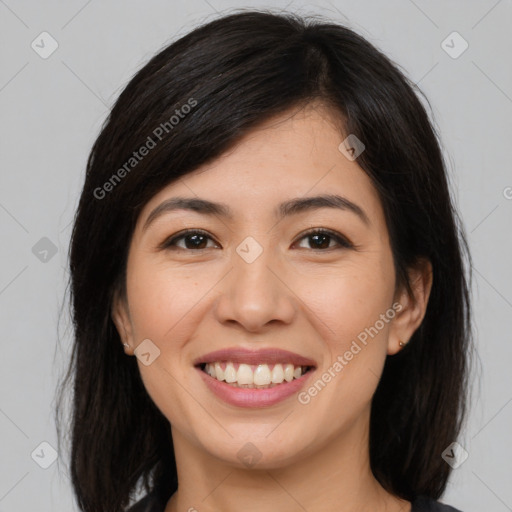 Joyful asian young-adult female with medium  brown hair and brown eyes