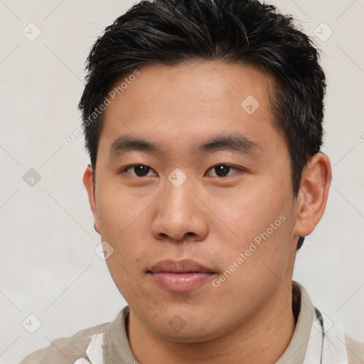 Neutral asian young-adult male with short  brown hair and brown eyes